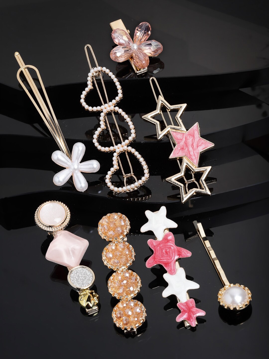 

VOGUE PANASH Women Gold-Toned & White Set of 8 Embellished Hair Accessory Set