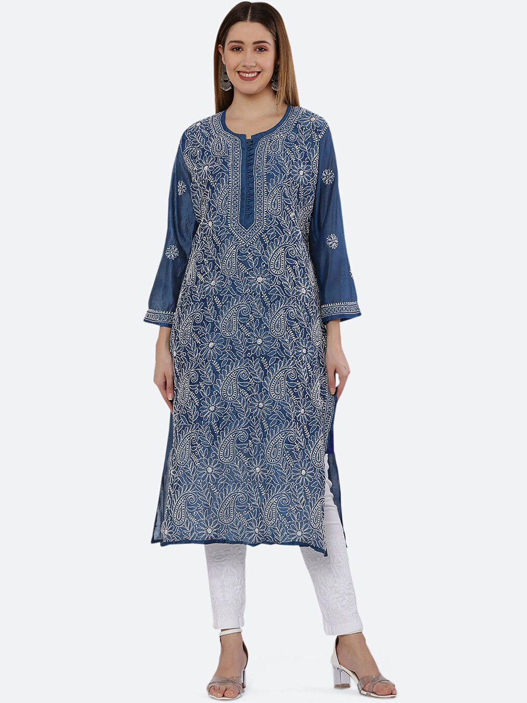 

FAWOMENT Women Blue & White Paisley Embroidered Chikankari Chanderi Silk Kurta