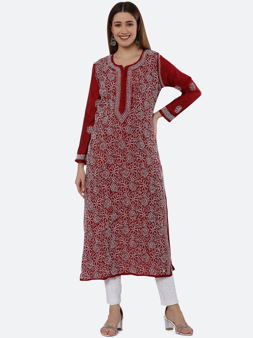 

FAWOMENT Women Mroon Ethnic Hand Embroidered Regular Sleeves Chikankari Kurta, Maroon
