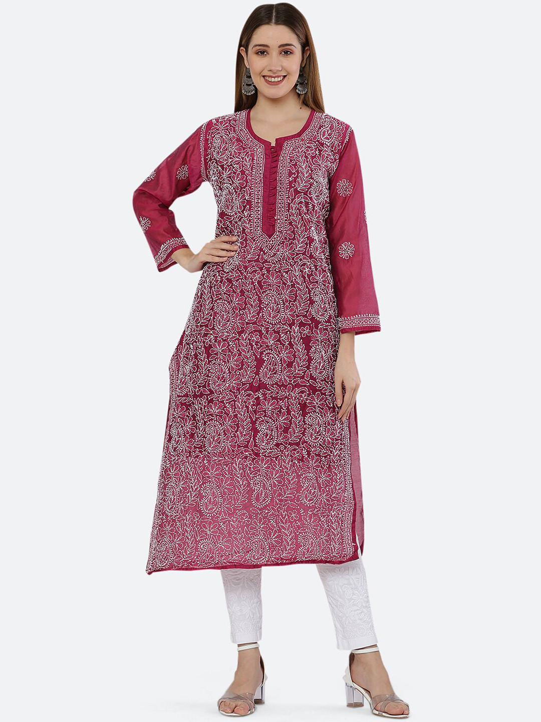 

FAWOMENT Women Maroon Paisley Printed Flared Sleeves Chanderi Silk Kurta