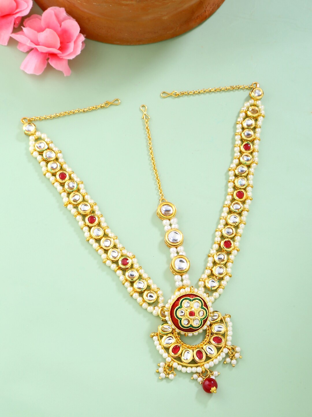 

VIRAASI Gold-Plated Red & White Kundan-Studded & Beaded Matha Patti