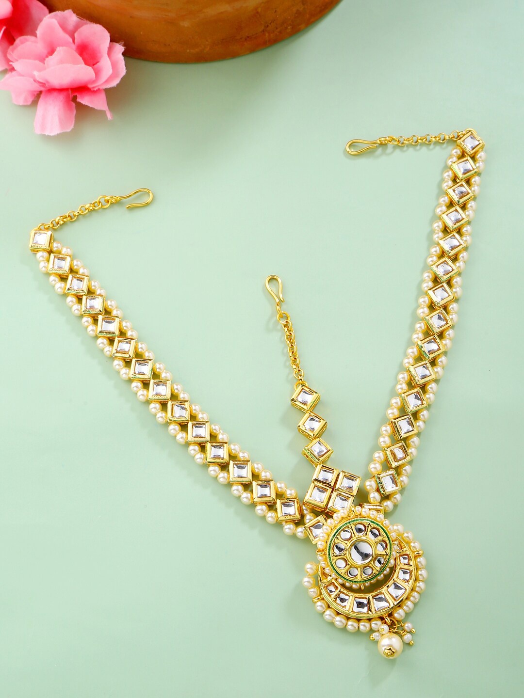 

VIRAASI Women White & Transparent Gold-Plated Kundan Studded Matha Patti With Borla