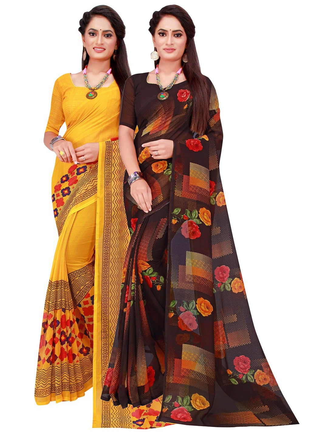 

SAADHVI Yellow & Black Floral Pack of 2 Pure Georgette Saree