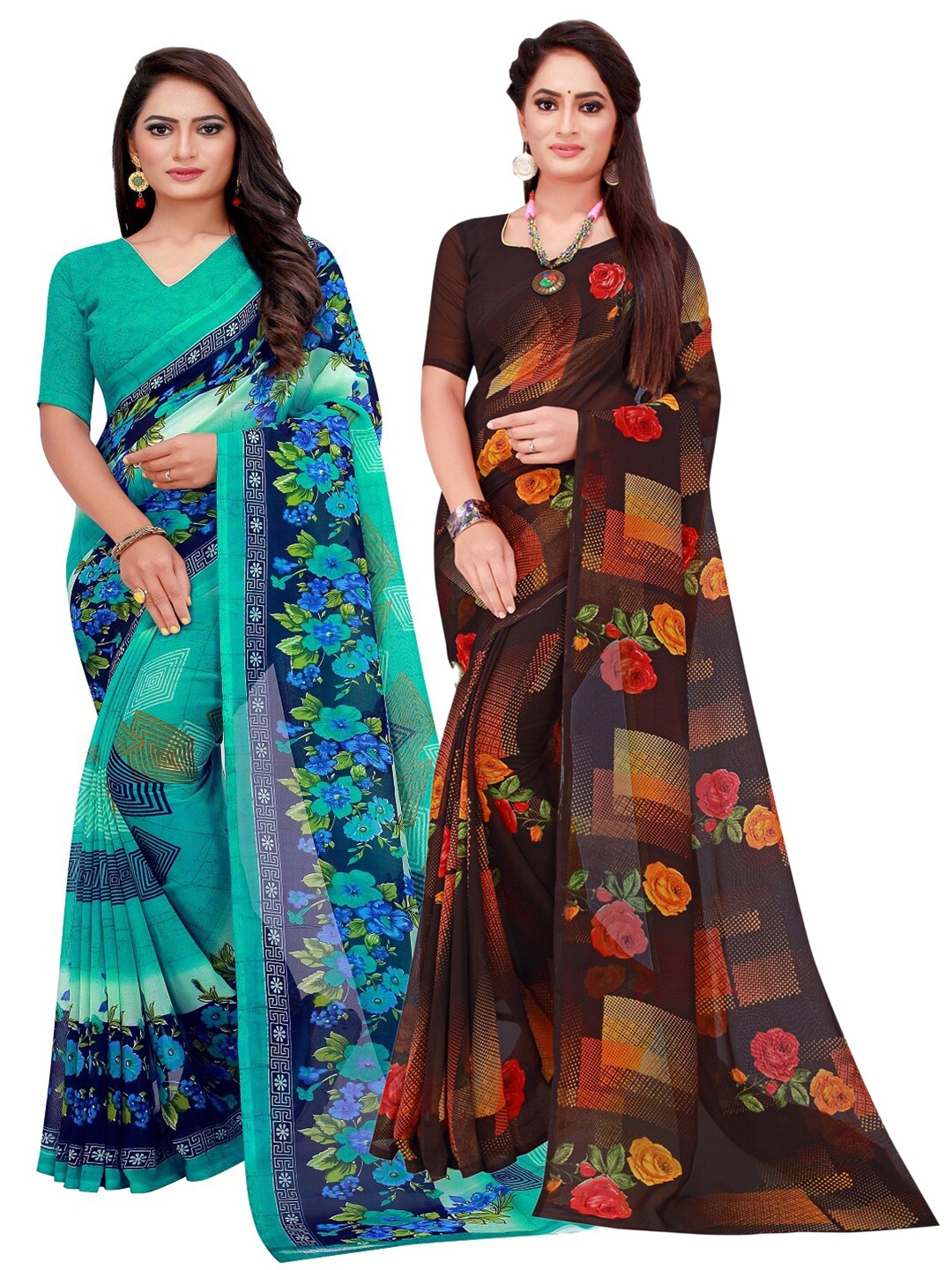 

SAADHVI Turquoise Blue & Black Floral Pack of 2 Pure Georgette Saree