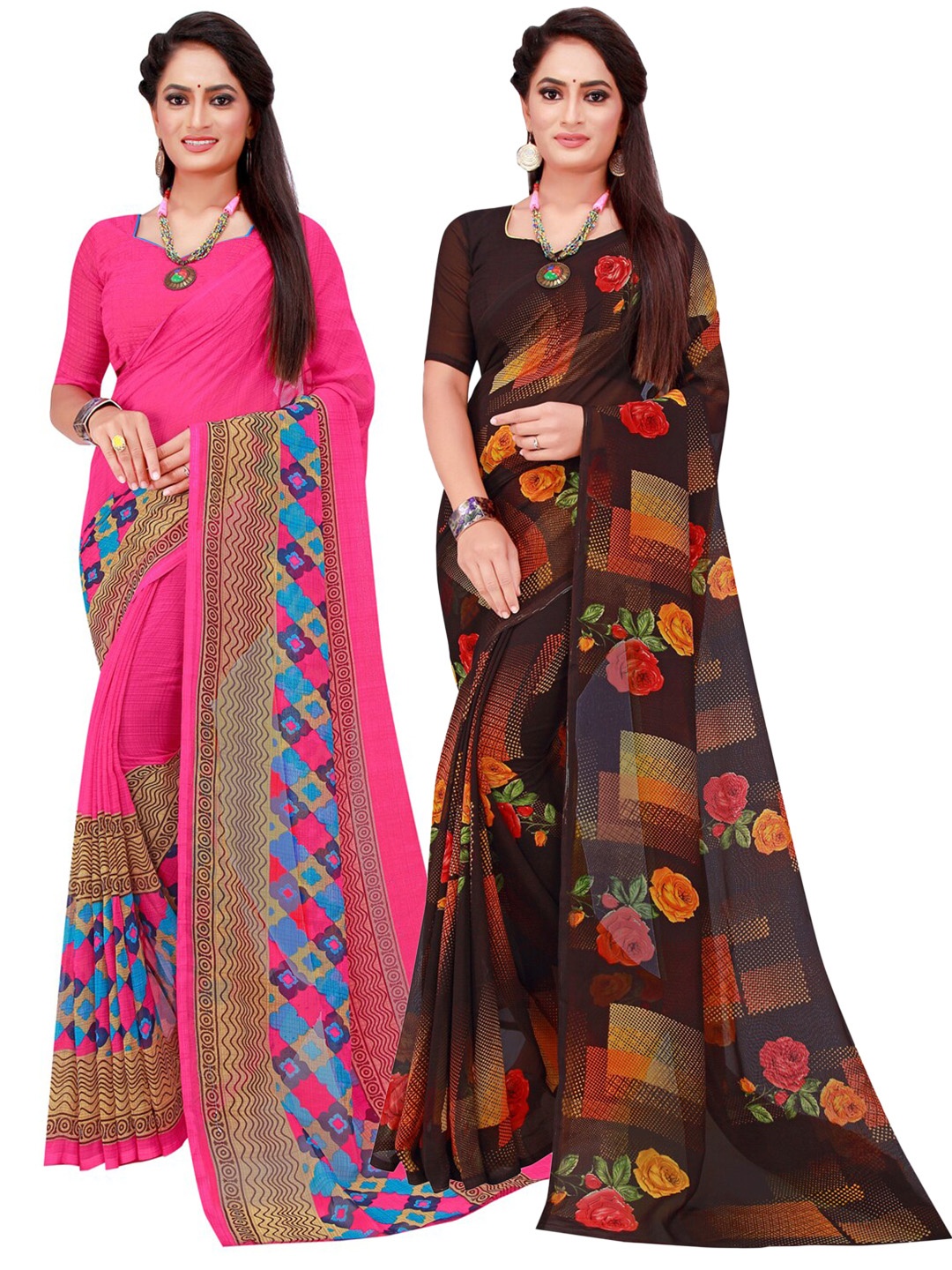 

SAADHVI Magenta & Black Floral Pack of 2 Pure Georgette Saree