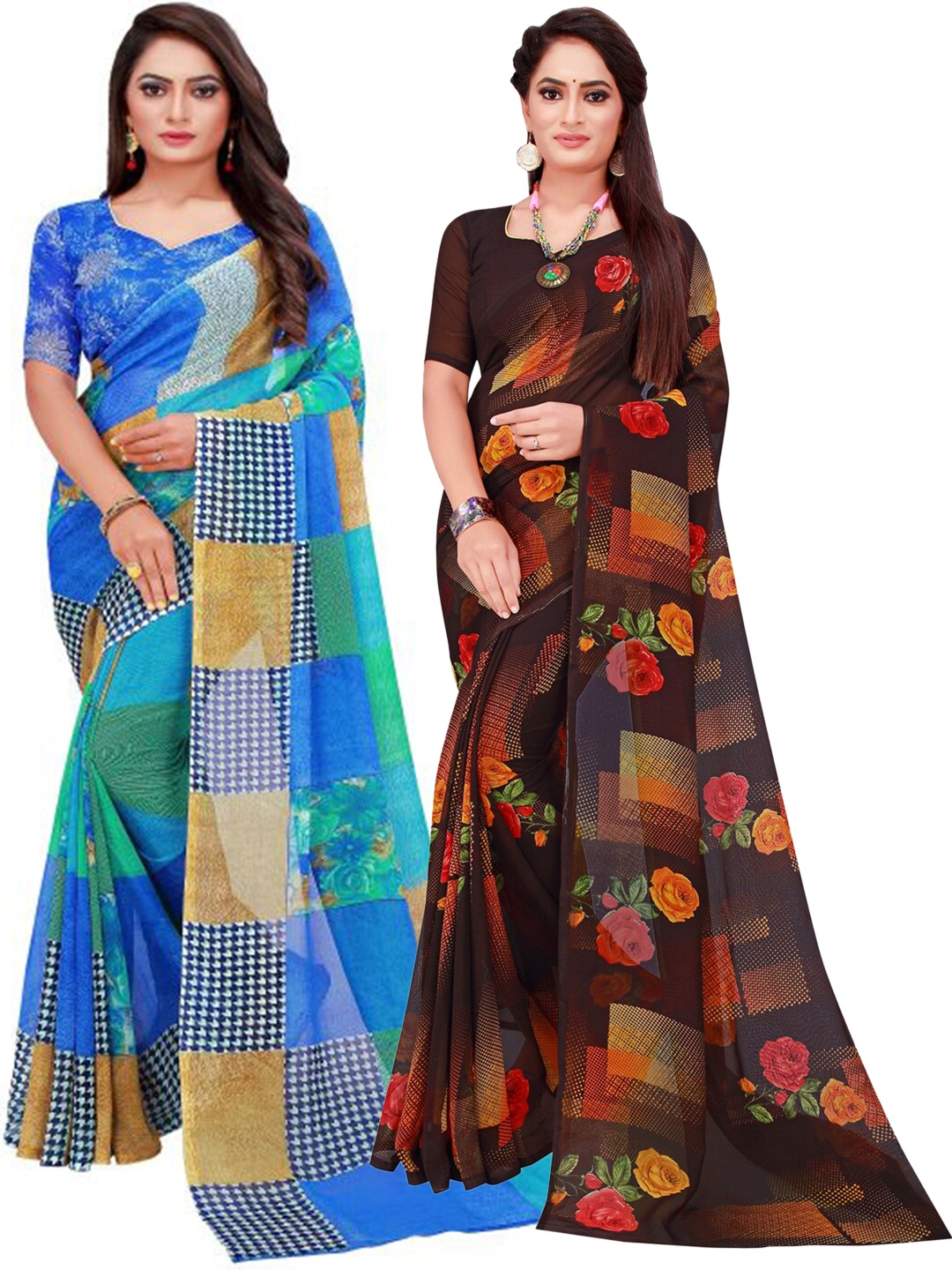 

SAADHVI Blue & Black Geometric Pack of 2 Pure Georgette Saree