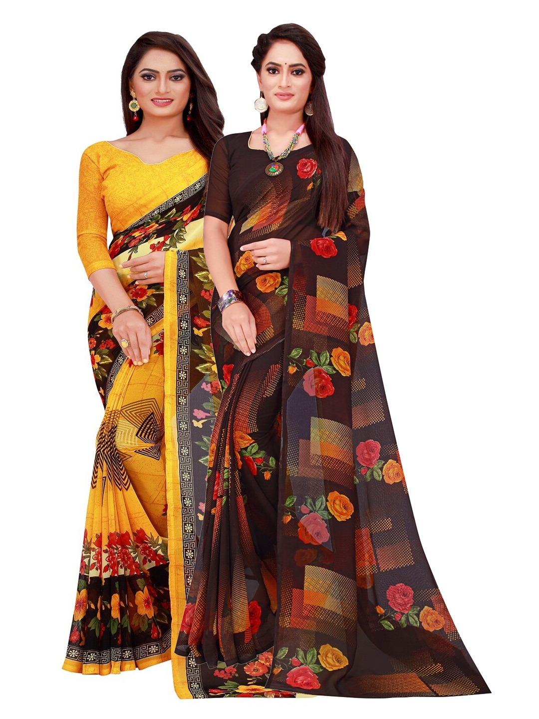 

SAADHVI Yellow & Black Floral Pack of 2 Pure Georgette Saree