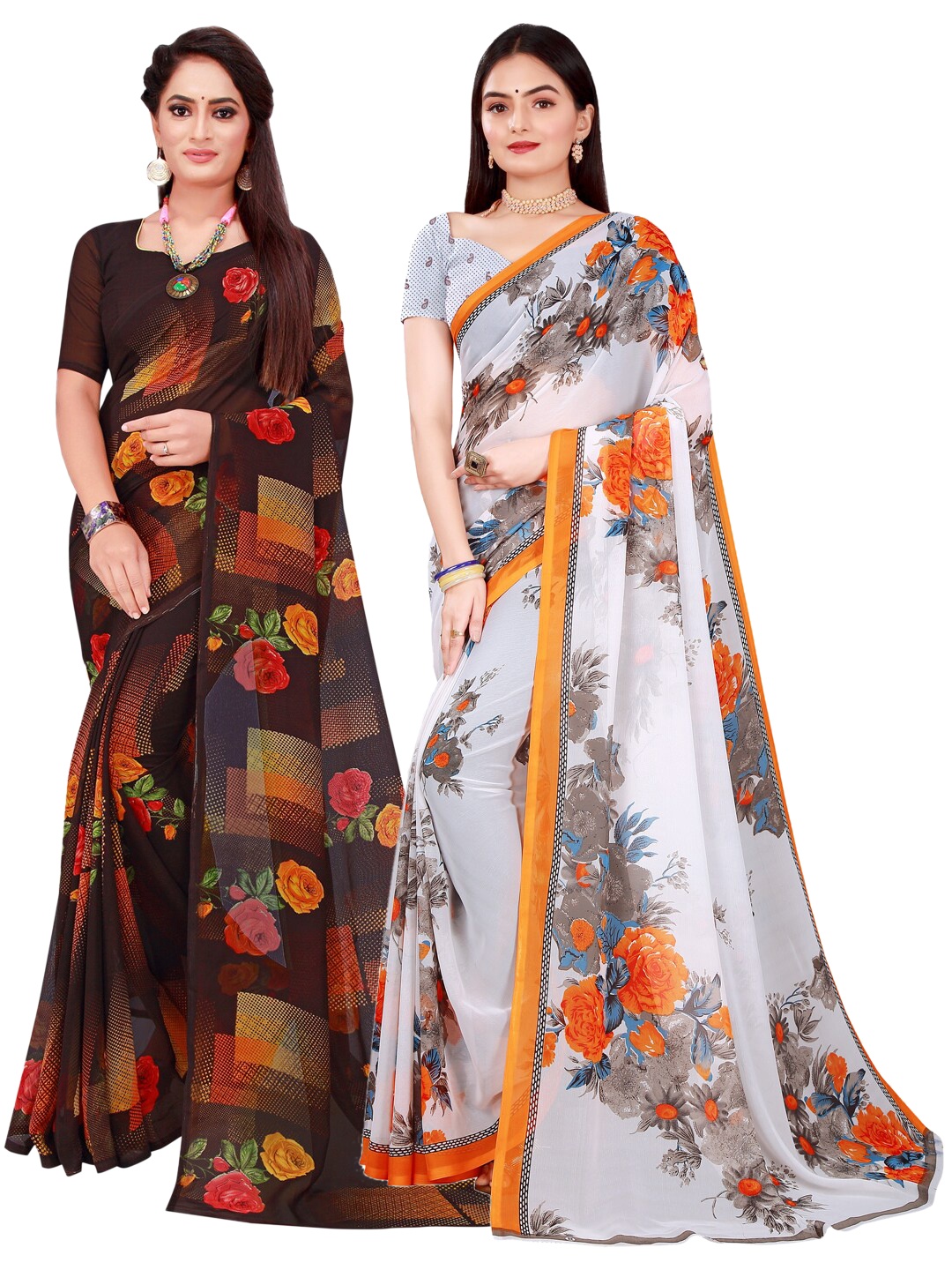 

SAADHVI Black & White Floral Pack of 2 Pure Georgette Saree