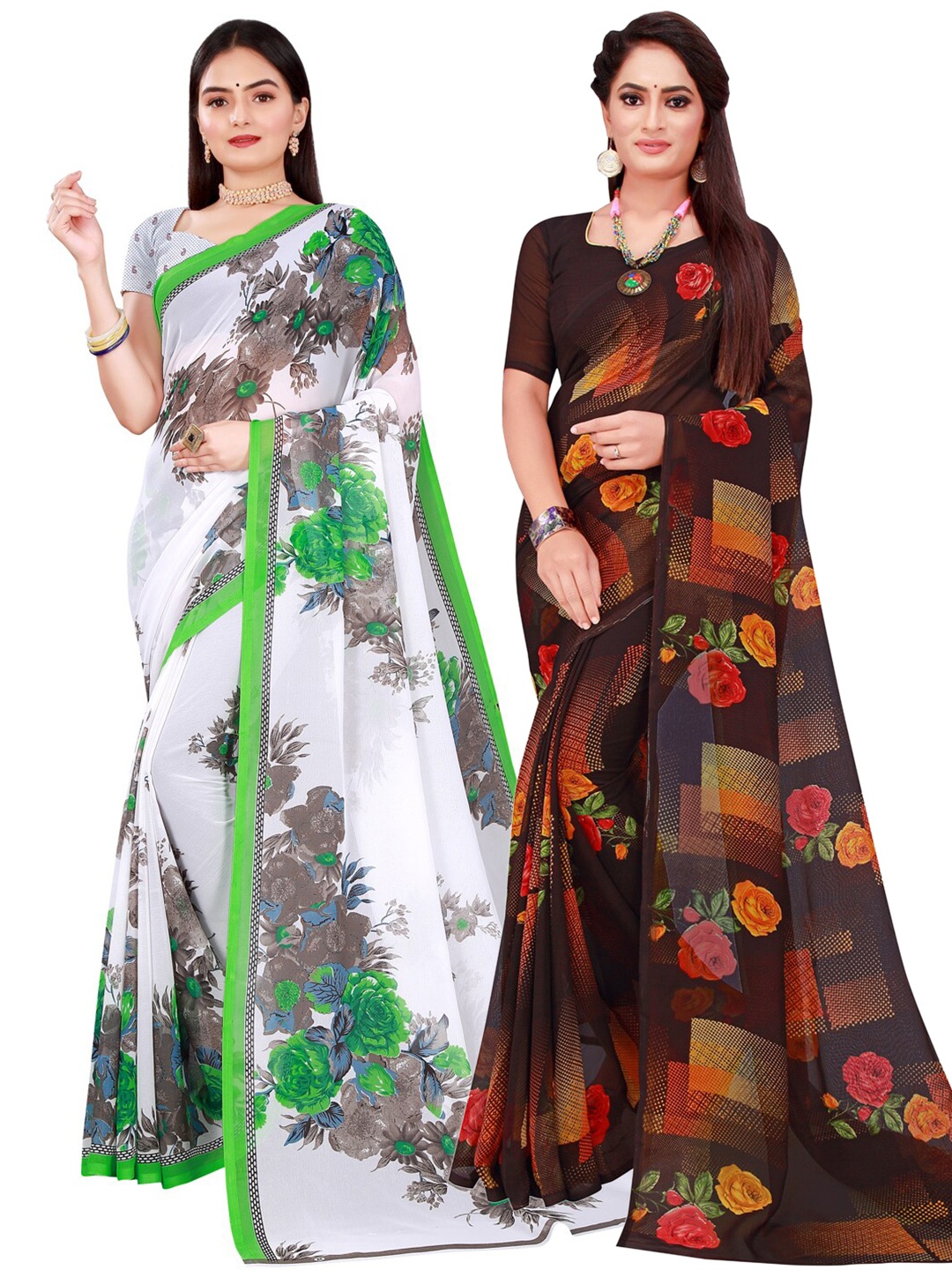 

SAADHVI Black & White Floral Pack of 2 Pure Georgette Saree
