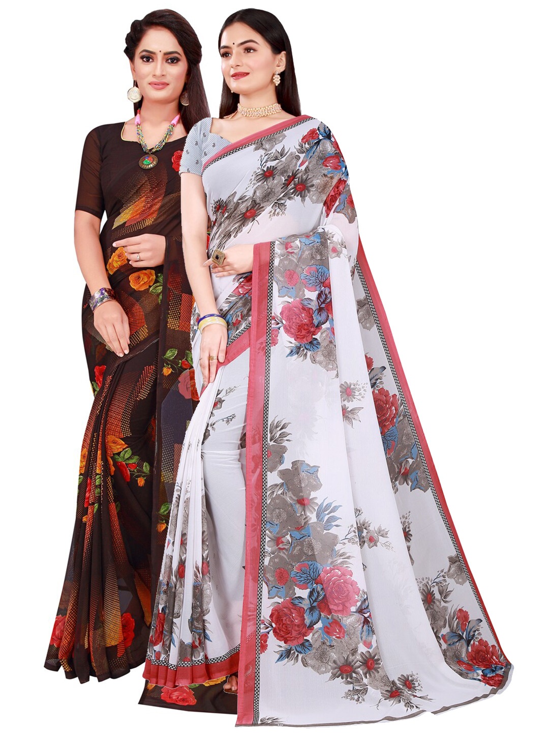 

SAADHVI Black & White Floral Pack of 2 Pure Georgette Saree