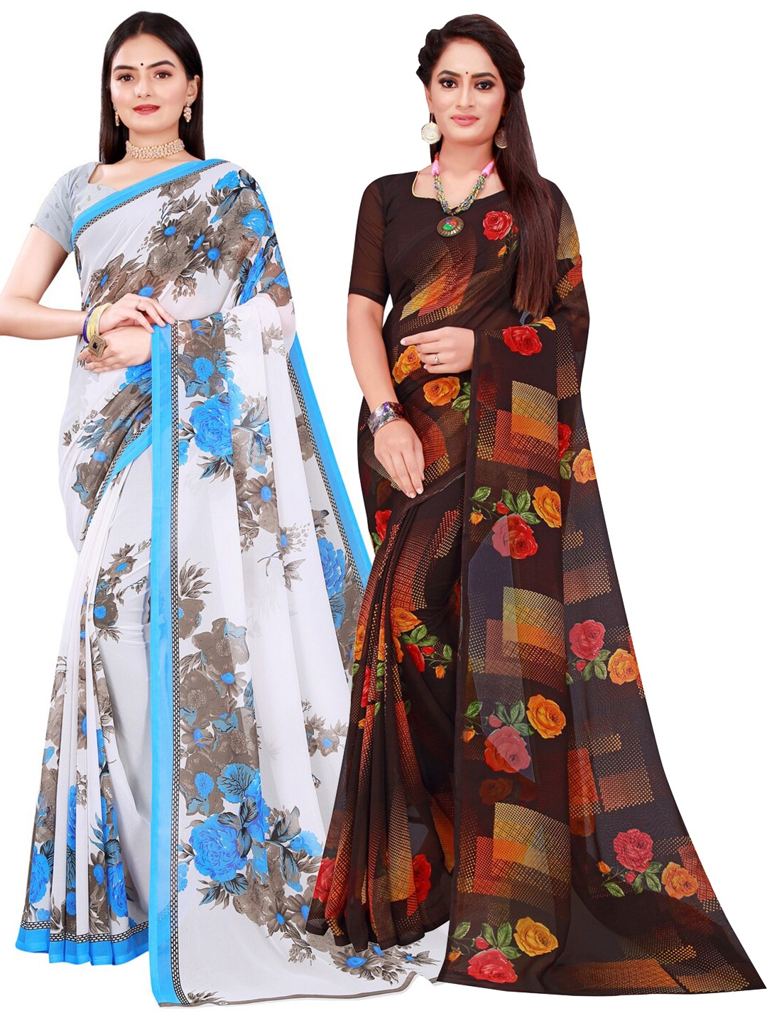 

SAADHVI Black & White Floral Pack of 2 Pure Georgette Saree
