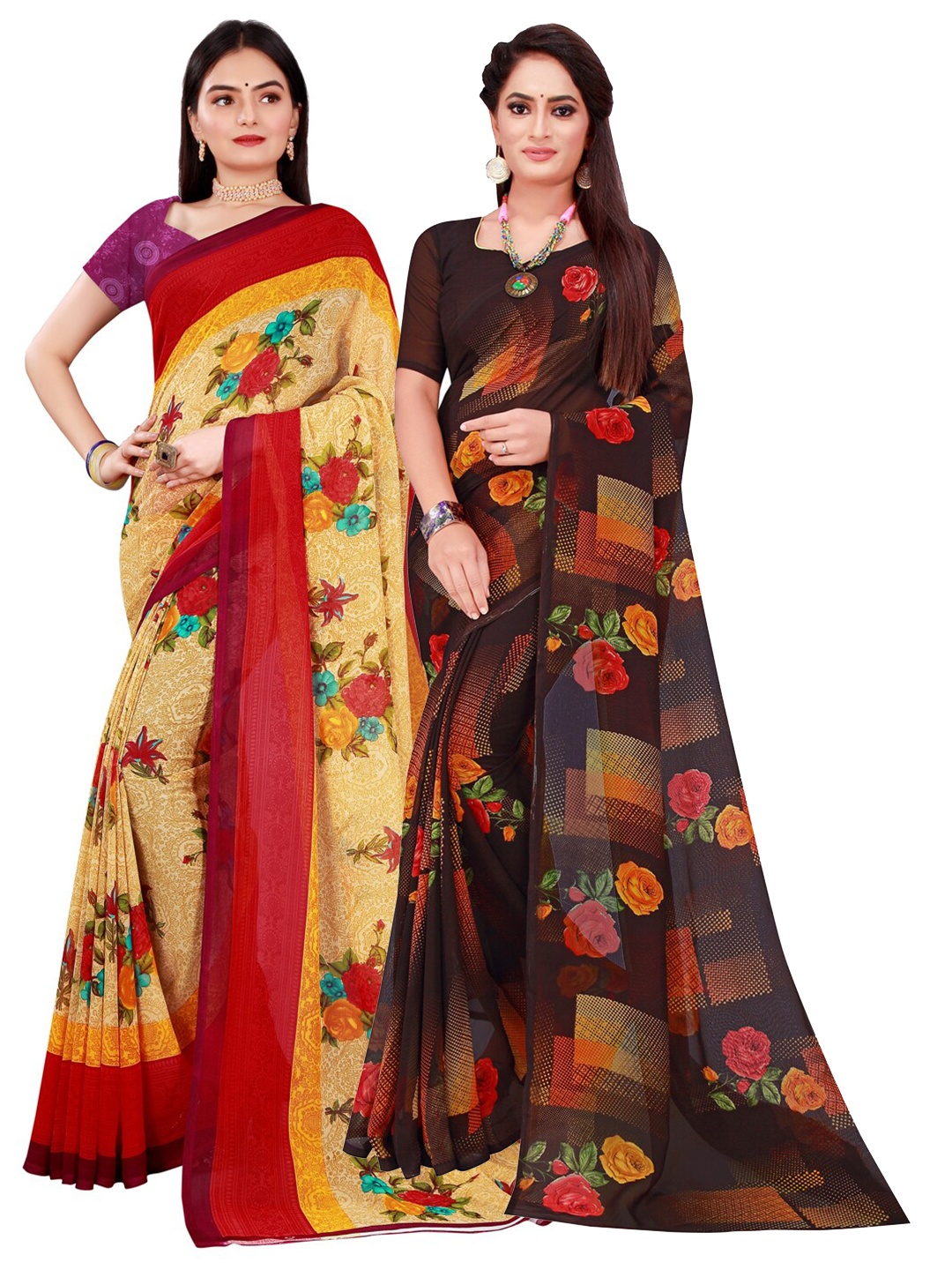 

SAADHVI Beige & Black Floral Pack of 2 Pure Georgette Saree