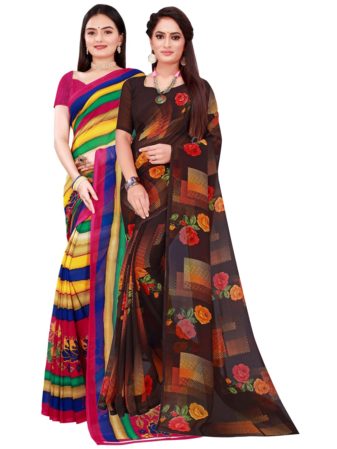 

SAADHVI Multicoloured & Black Striped Pack of 2 Pure Georgette Saree, Multi