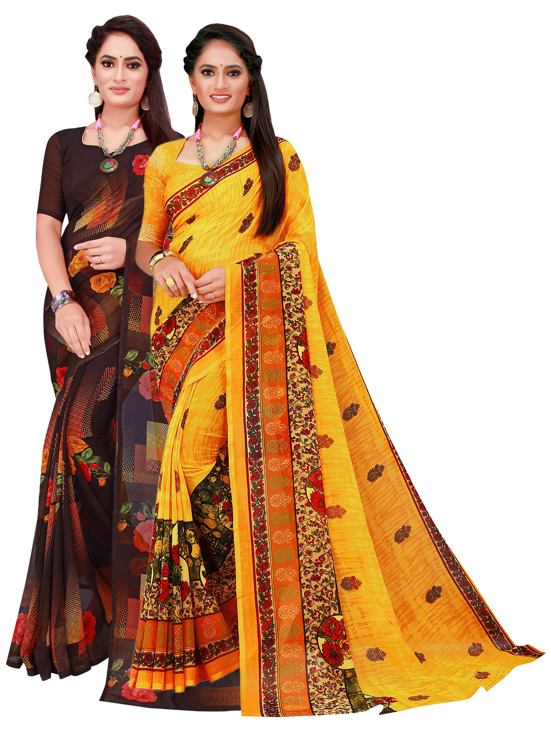 

SAADHVI Black & Yellow Geometric Pack of 2 Pure Georgette Saree