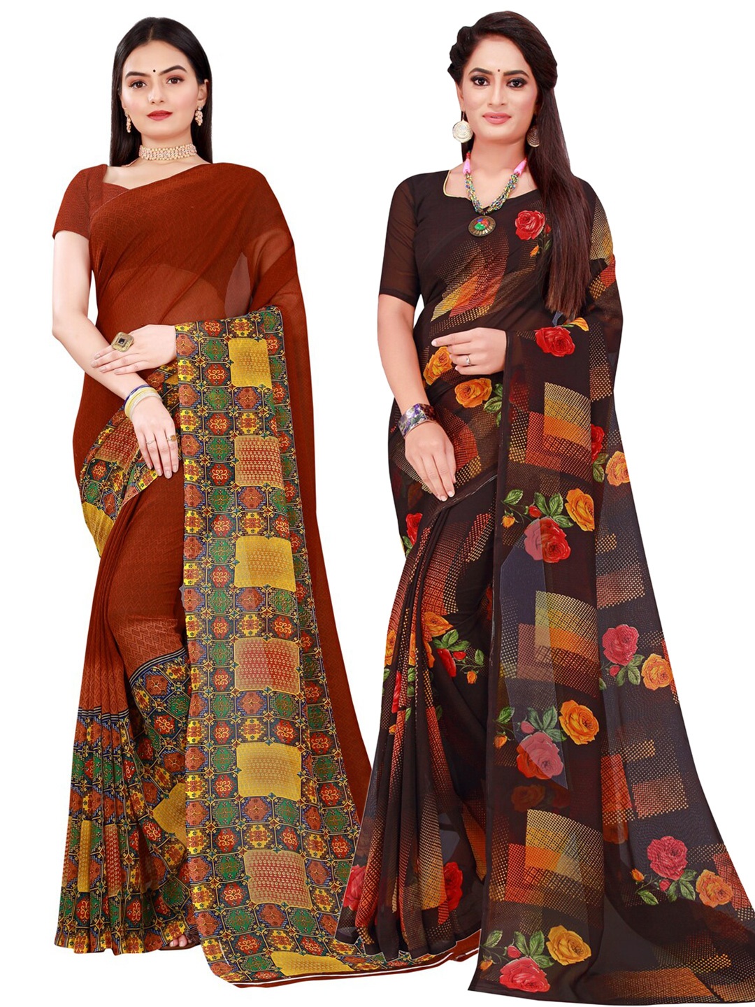 

SAADHVI Black & Maroon Geometric Pack of 2 Pure Georgette Saree