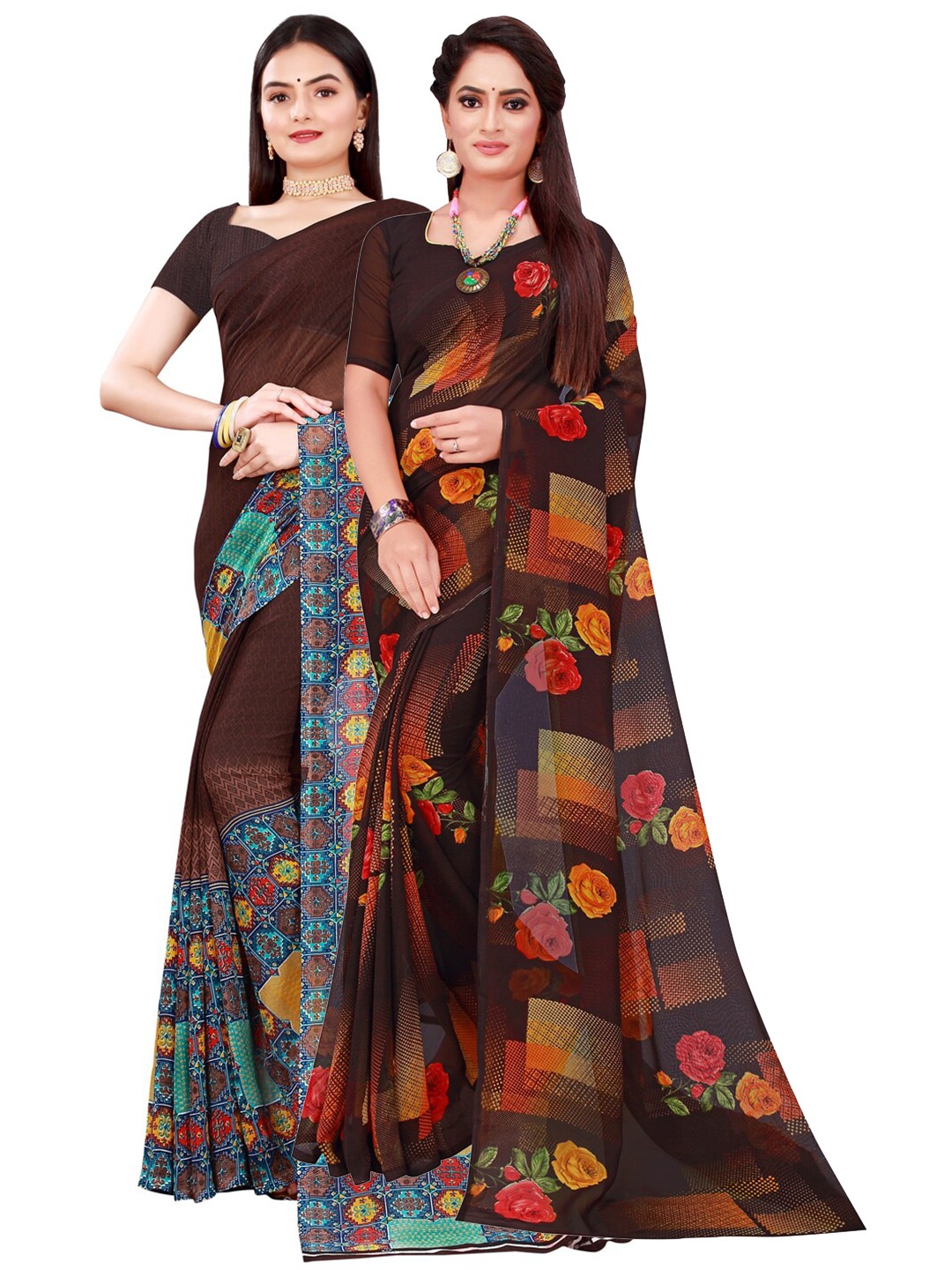 

SAADHVI Brown & Black Geometric Pack of 2 Pure Georgette Saree