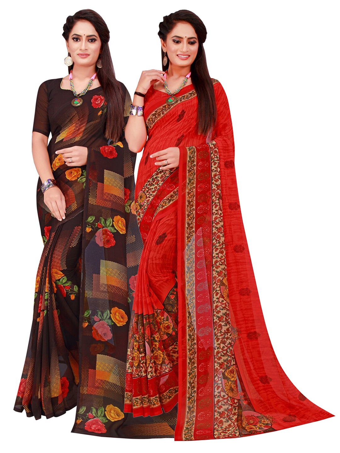 

SAADHVI Black & Red Geometric Pack of 2 Pure Georgette Saree