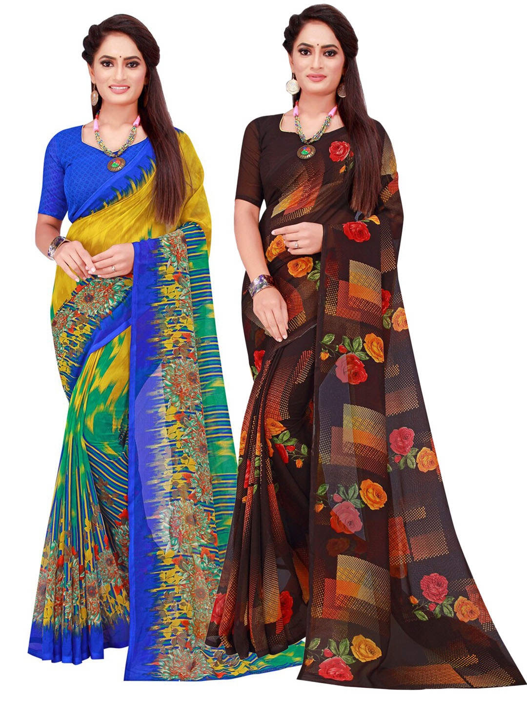 

SAADHVI Black & Yellow Geometric Pack of 2 Pure Georgette Saree