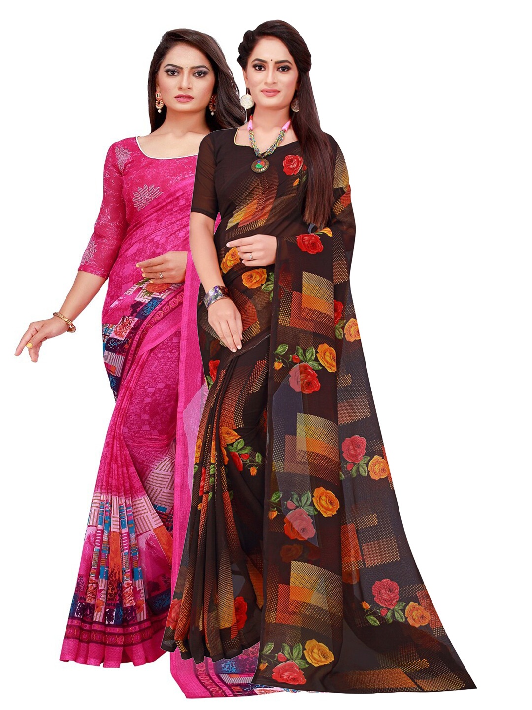 

SAADHVI Magenta & Black Geometric Pack of 2 Pure Georgette Saree