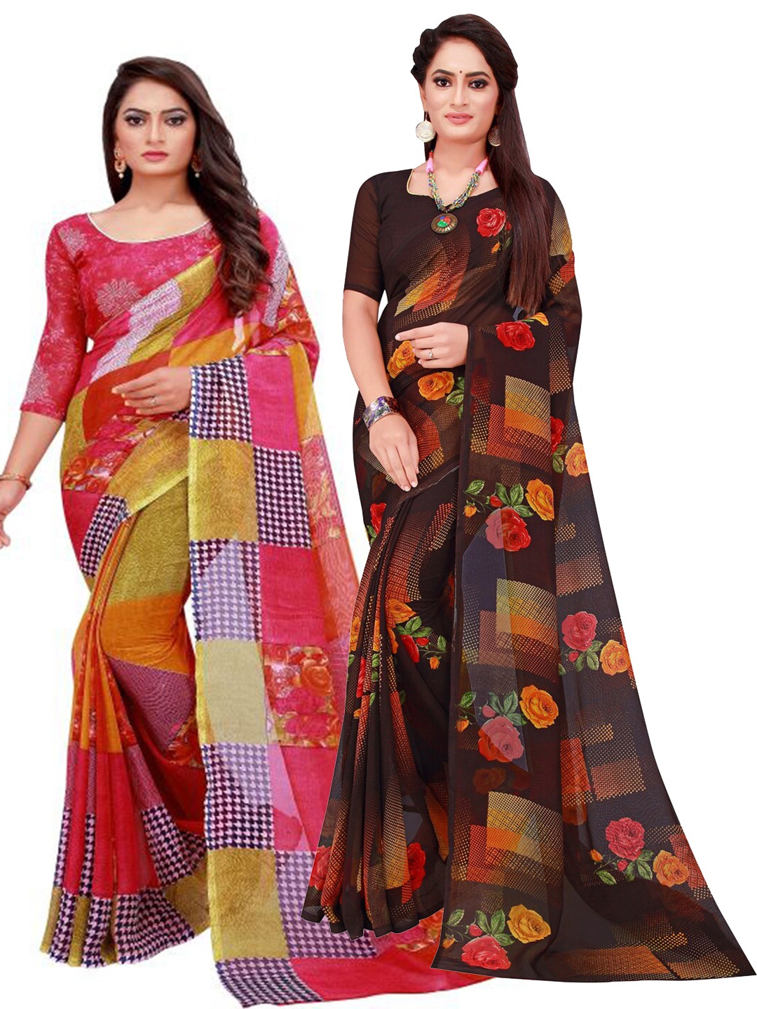 

SAADHVI Red & Black Floral Pack of 2 Pure Georgette Saree