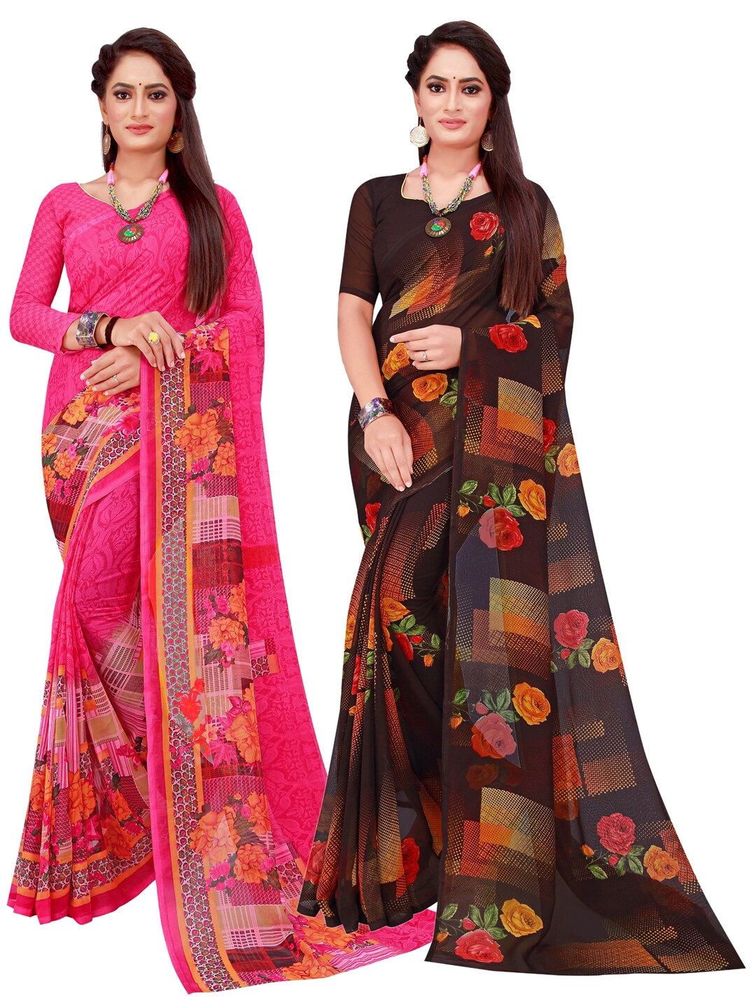 

SAADHVI Magenta & Black Geometric Pack of 2 Pure Georgette Saree