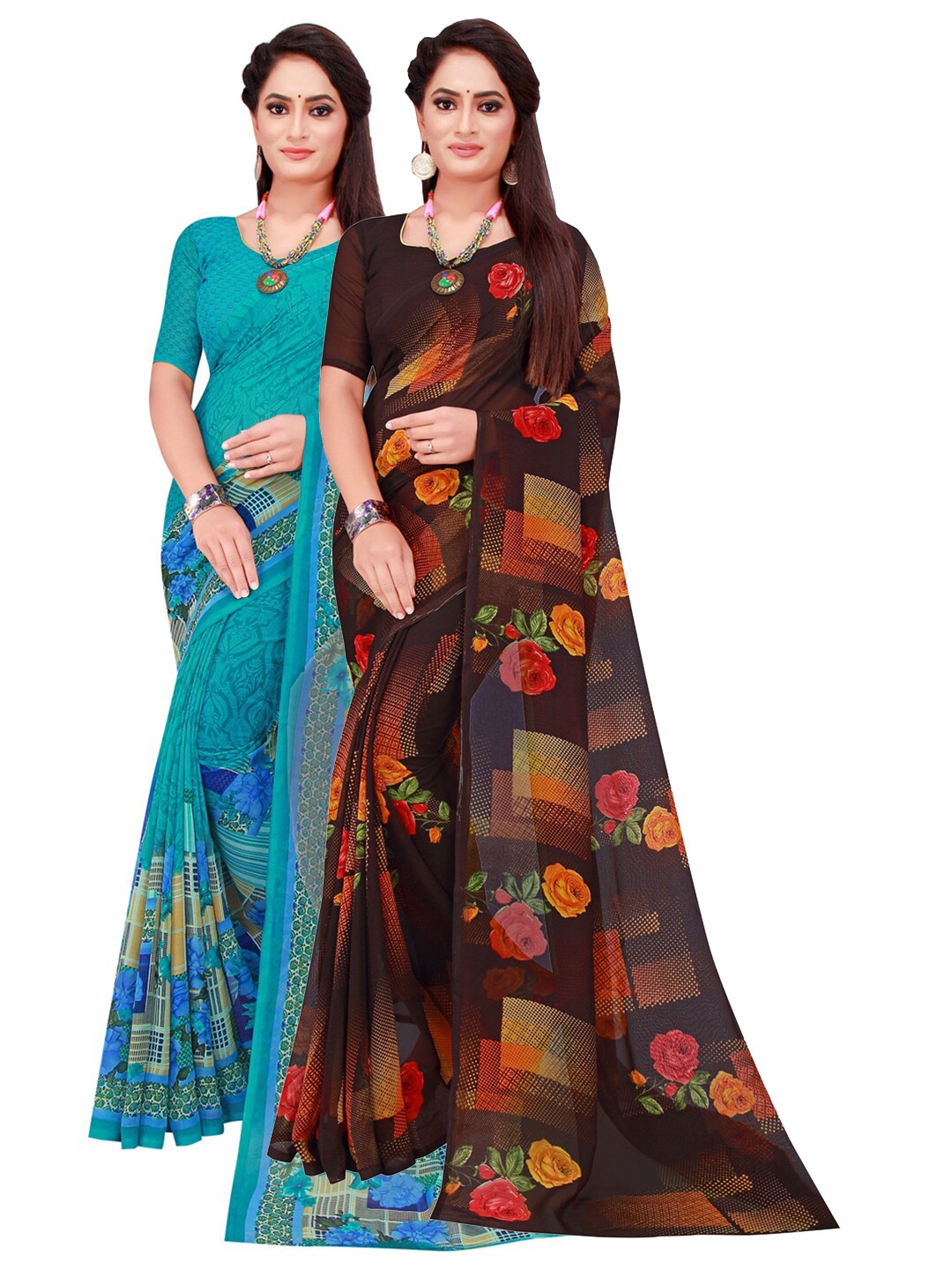 

SAADHVI Turquoise Blue & Black Geometric Pack of 2 Pure Georgette Saree