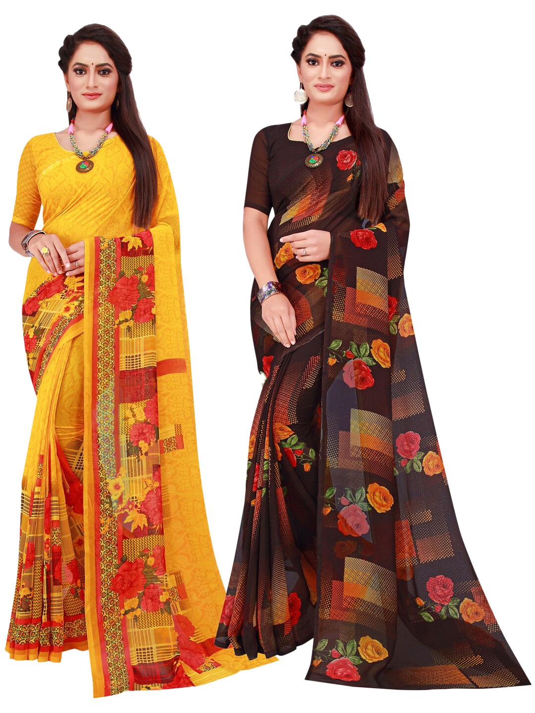 

SAADHVI Yellow & Black Geometric Pack of 2 Pure Georgette Saree