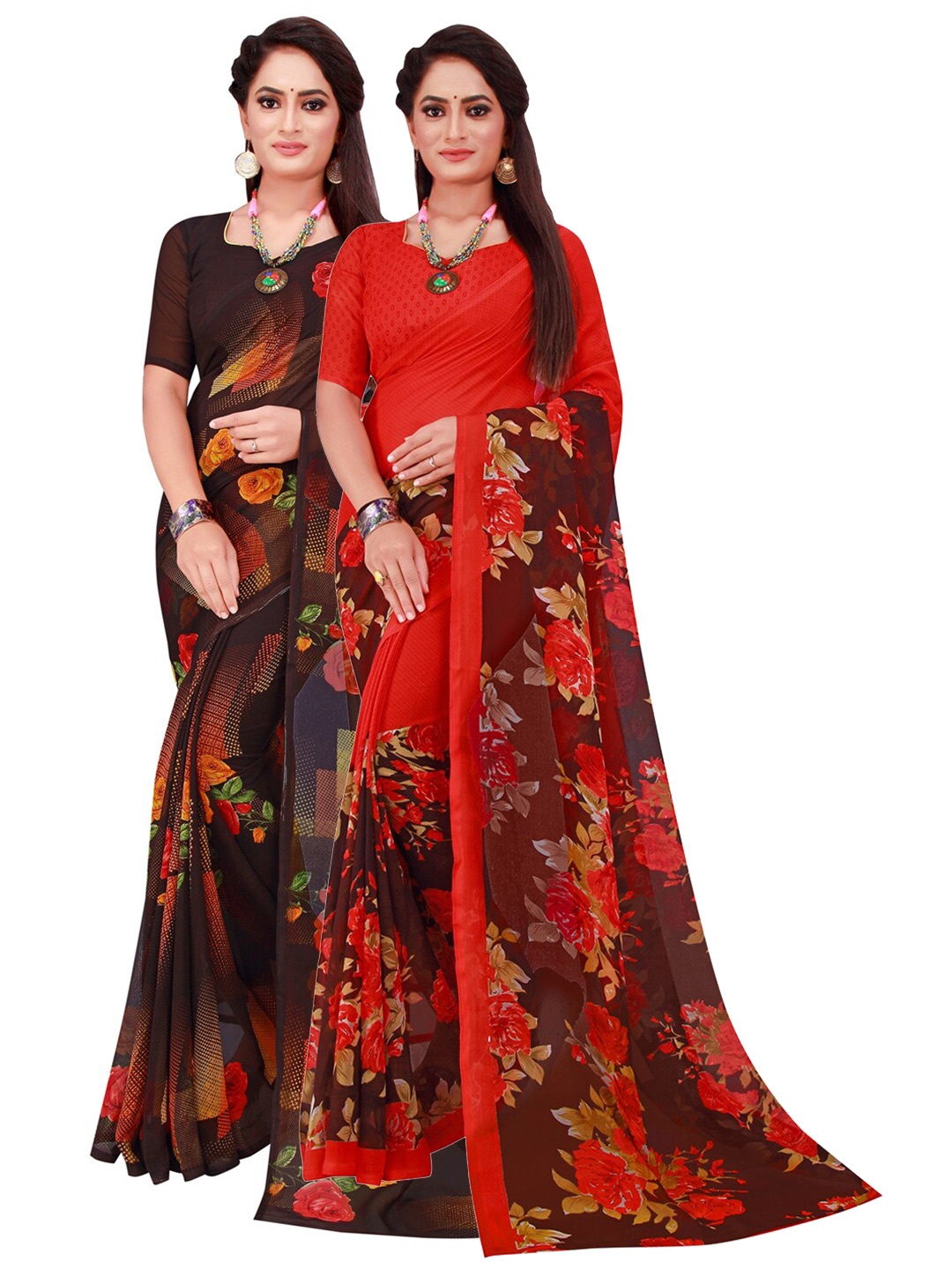 

SAADHVI Black & Red Geometric Pack of 2 Pure Georgette Saree