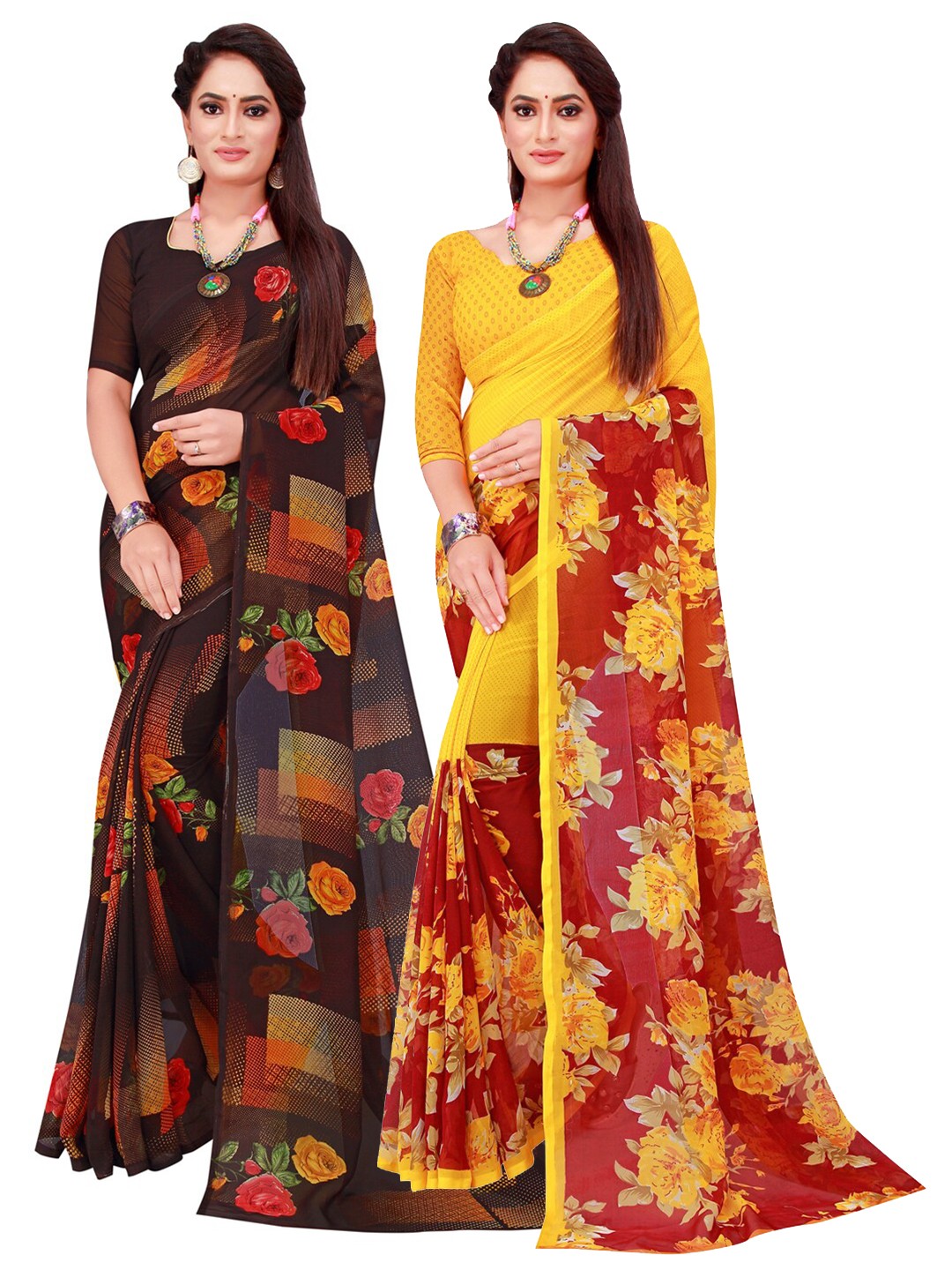 

SAADHVI Black & Yellow Floral Pack of 2 Pure Georgette Saree