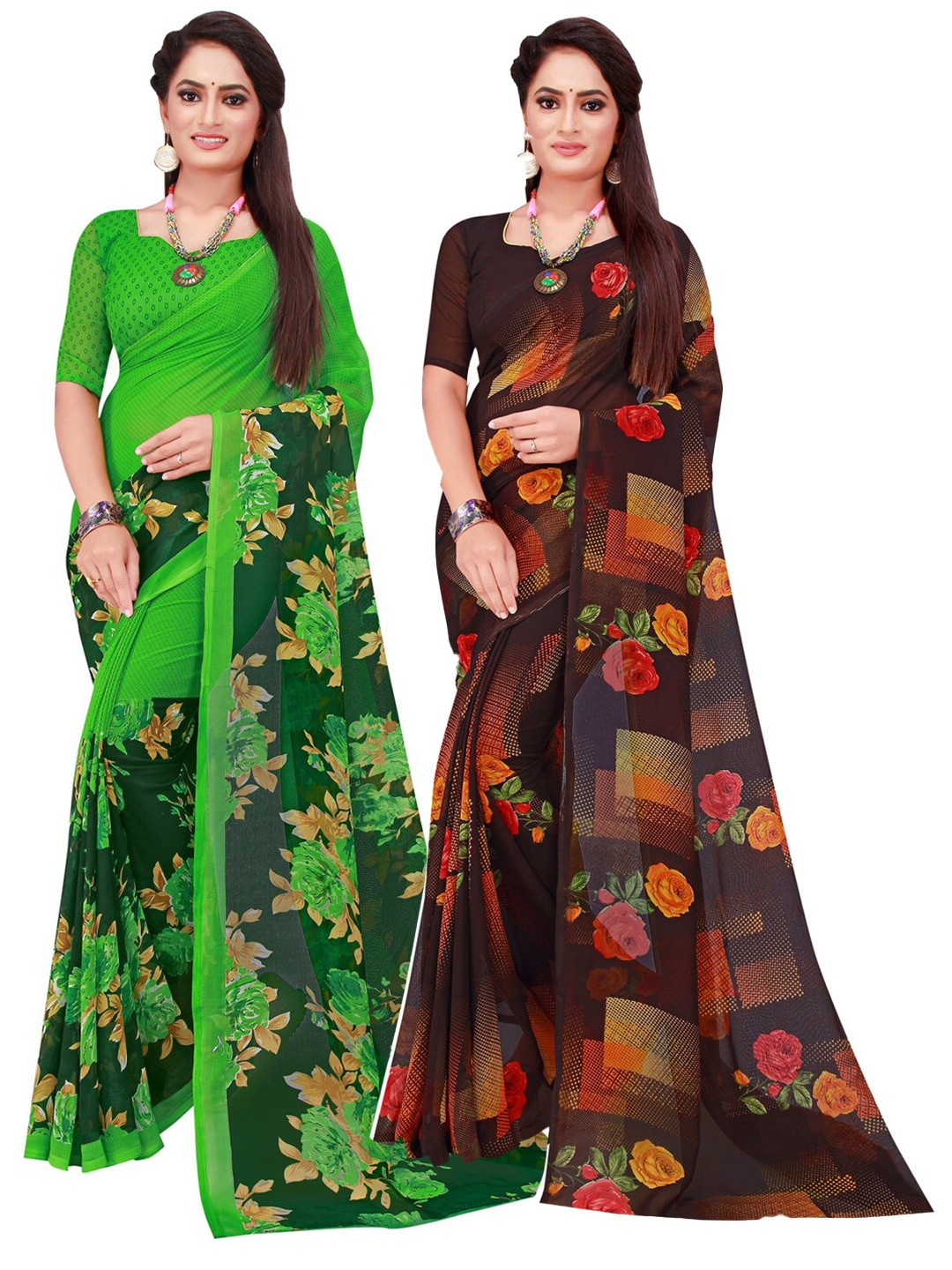 

SAADHVI Black & Green Floral Pack of 2 Pure Georgette Saree