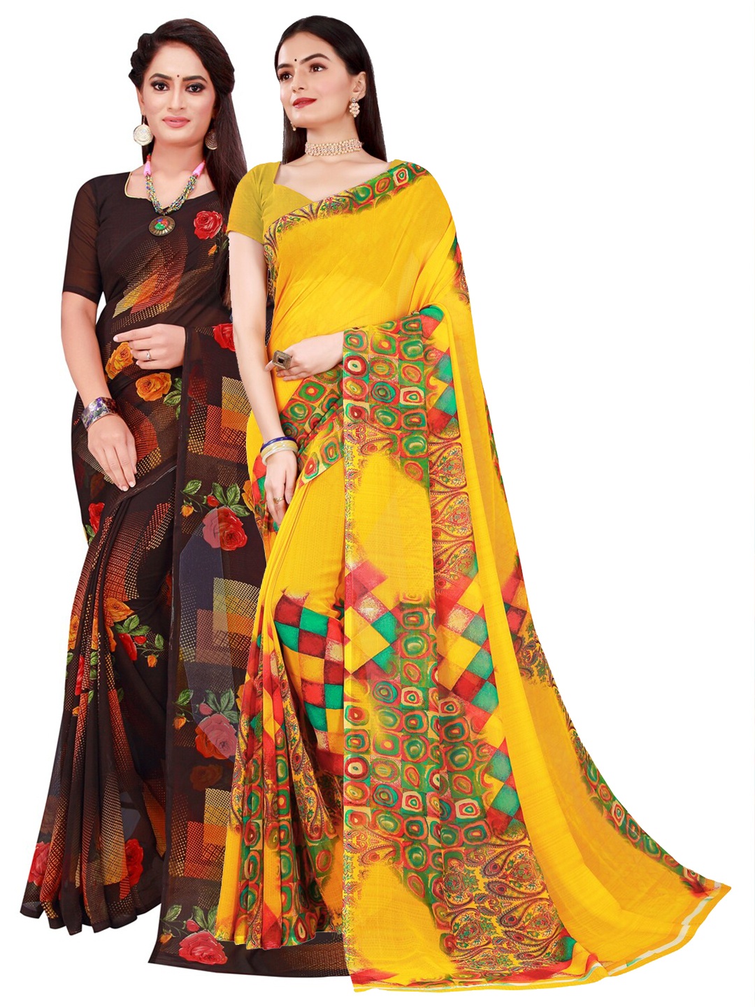 

SAADHVI Black & Yellow Geometric Pack of 2 Pure Georgette Saree