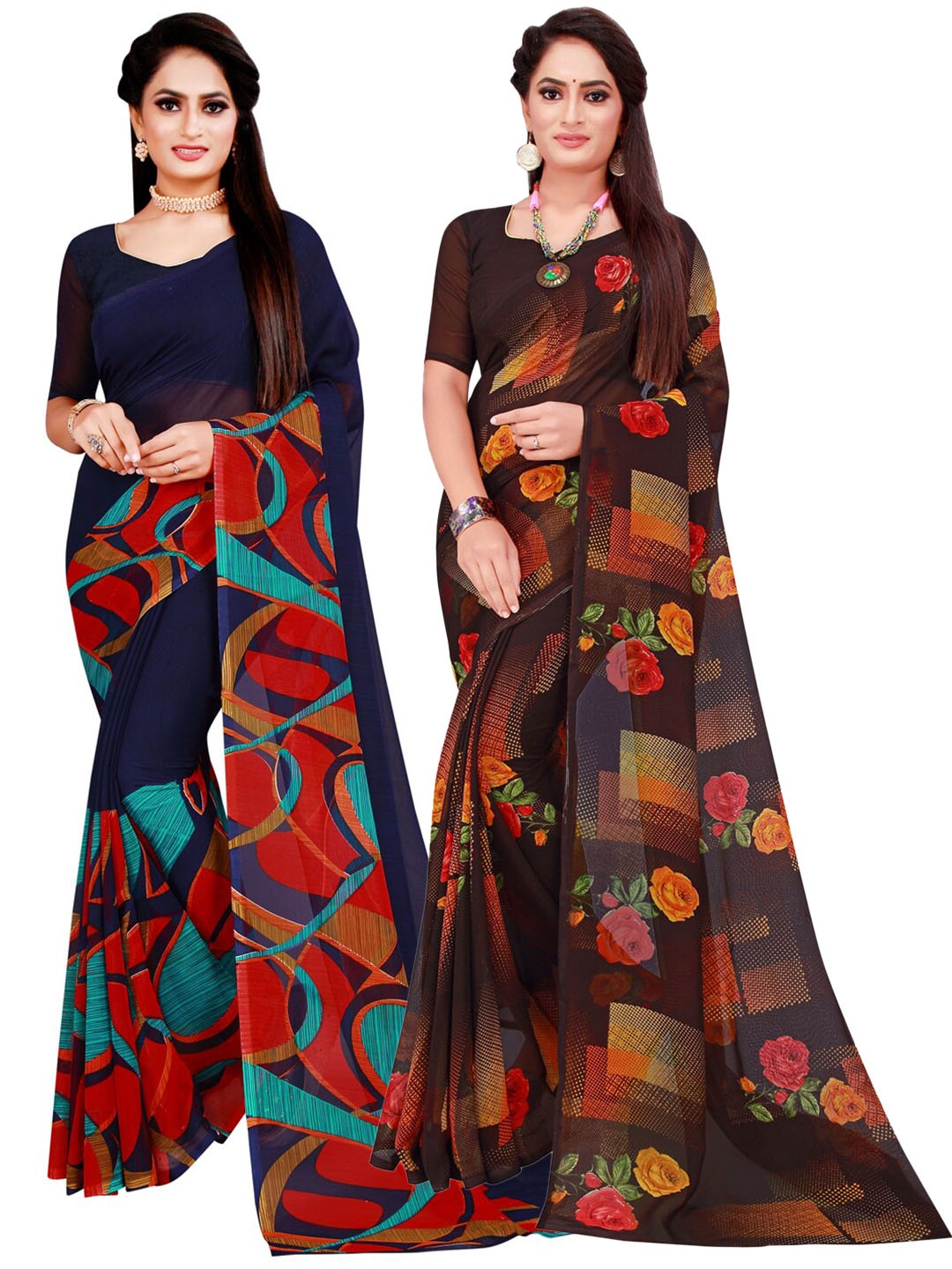 

SAADHVI Navy Blue & Black Geometric Pack of 2 Pure Georgette Saree
