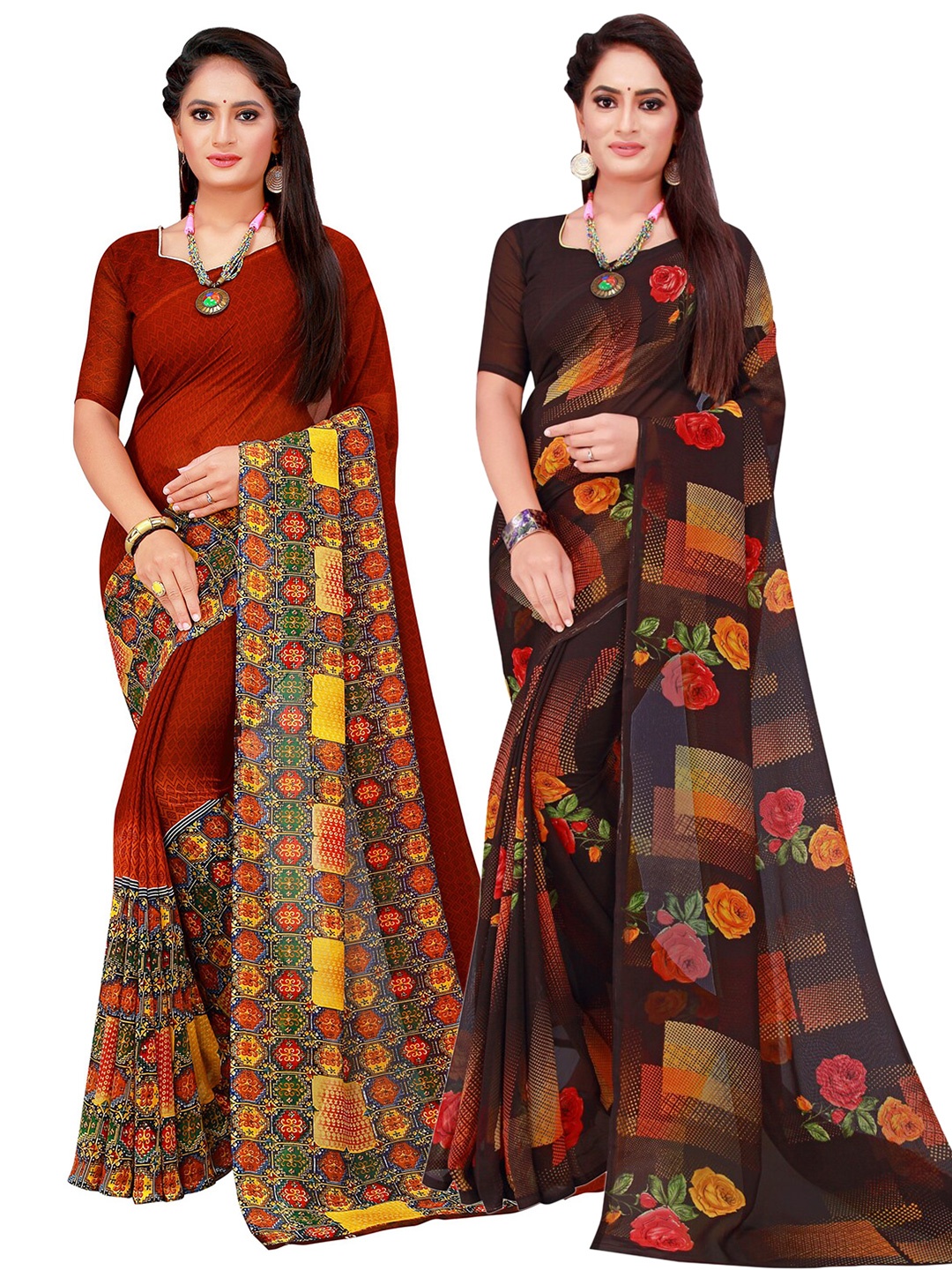 

SAADHVI Black & Maroon Geometric Pack of 2 Pure Georgette Saree