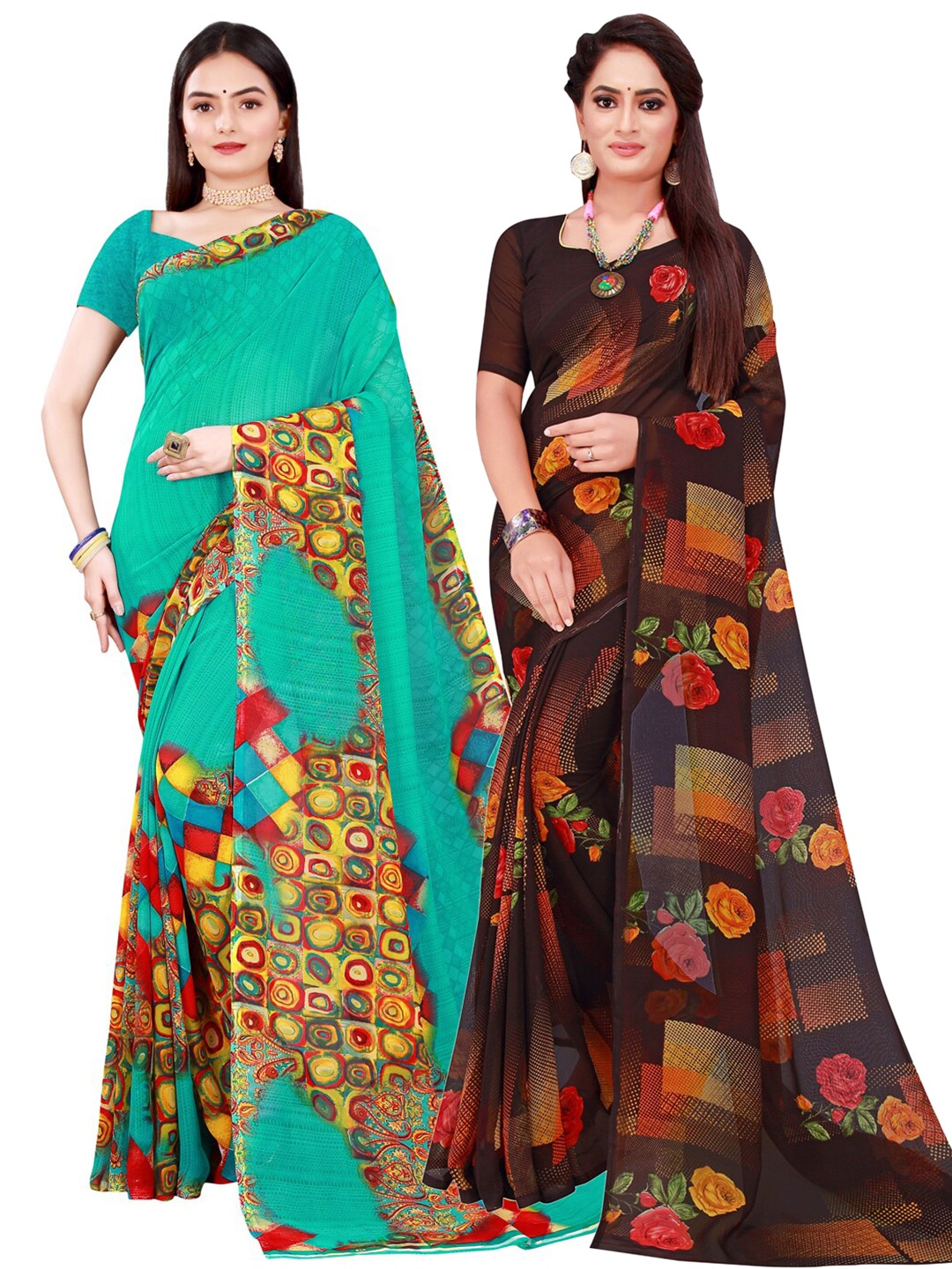 

SAADHVI Black & Green Floral Pack of 2 Pure Georgette Saree