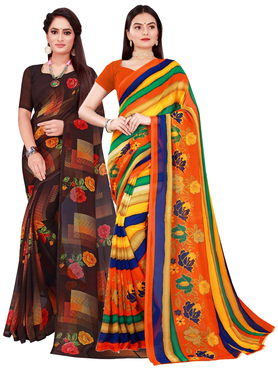 

SAADHVI Black & Multicoloured Striped Pack of 2 Pure Georgette Saree