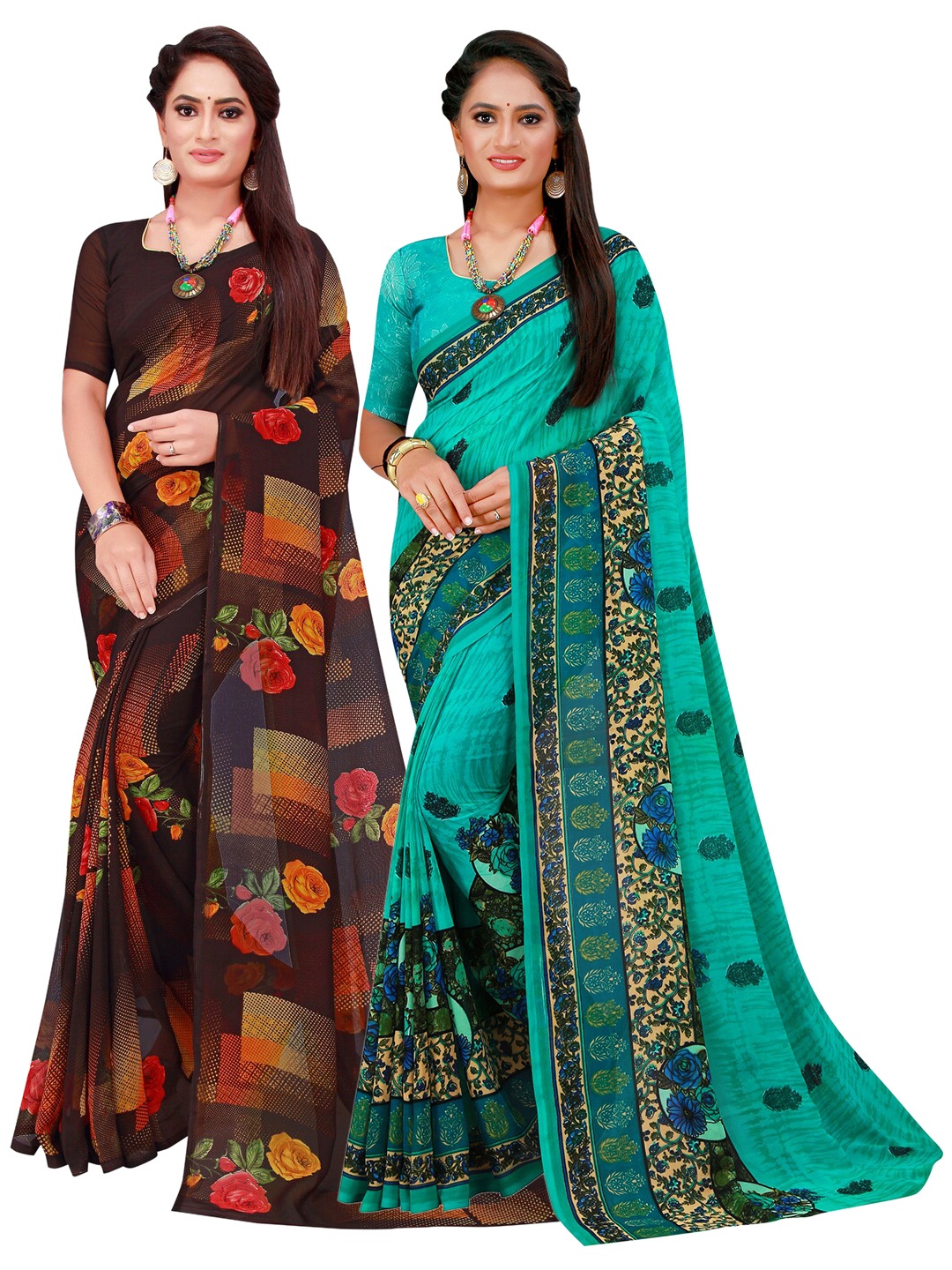 

SAADHVI Black & Turquoise Blue Floral Pack of 2 Pure Georgette Saree