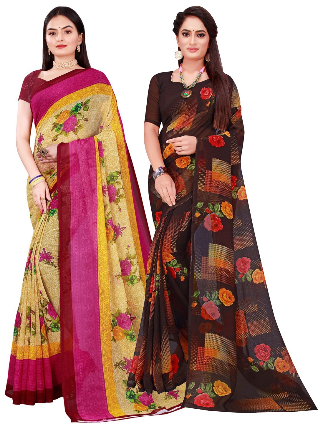 

SAADHVI Pack of 2 Beige & Black Floral Pure Georgette Saree