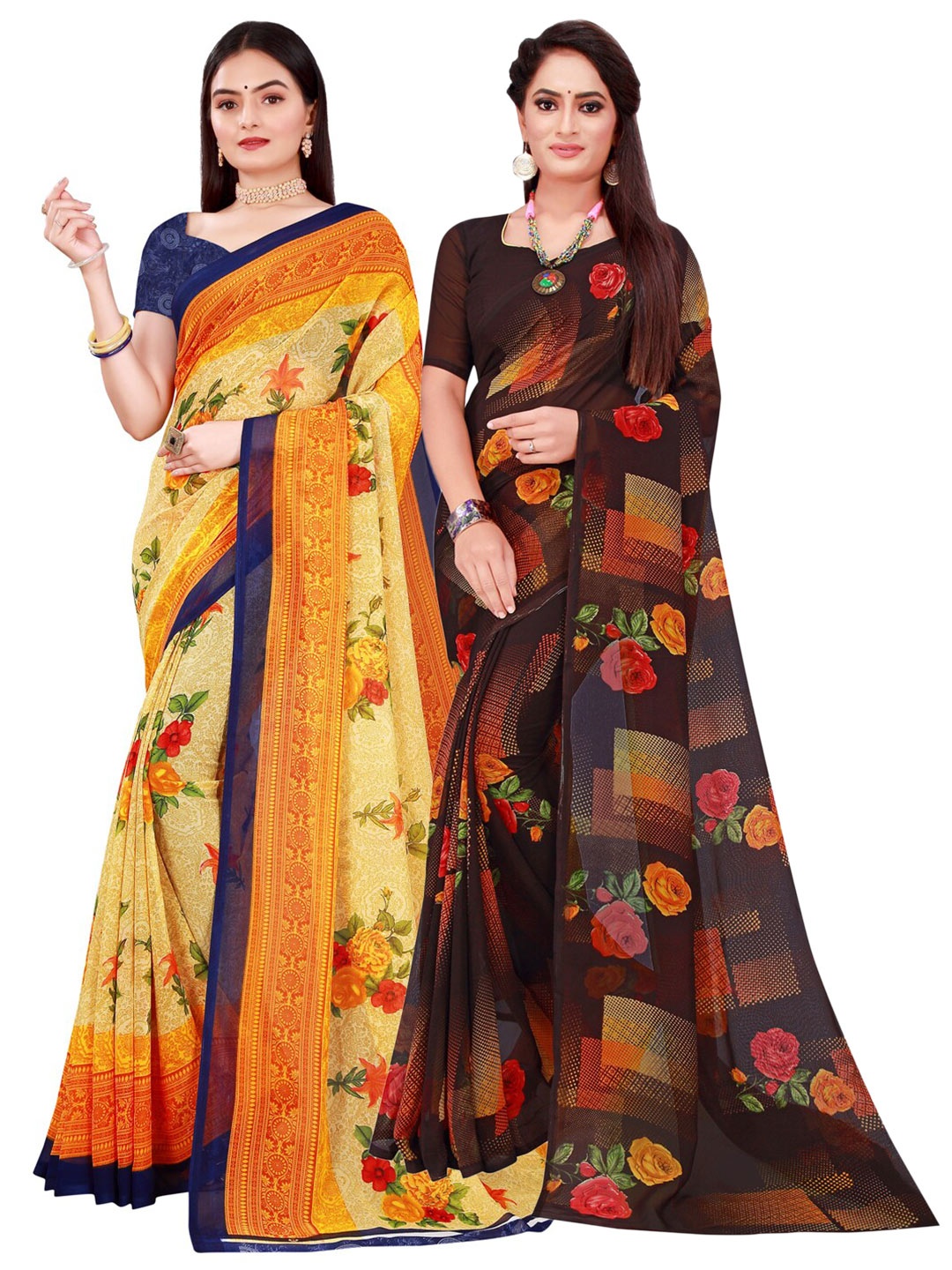 

SAADHVI Pack of 2 Beige & Black Floral Pure Georgette Sarees