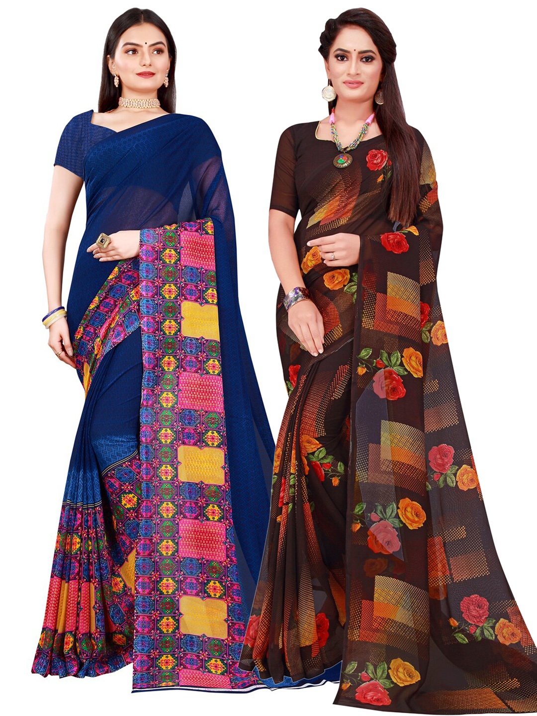

SAADHVI Pack Of 2 Black & Navy Blue Floral Pure Georgette Saree