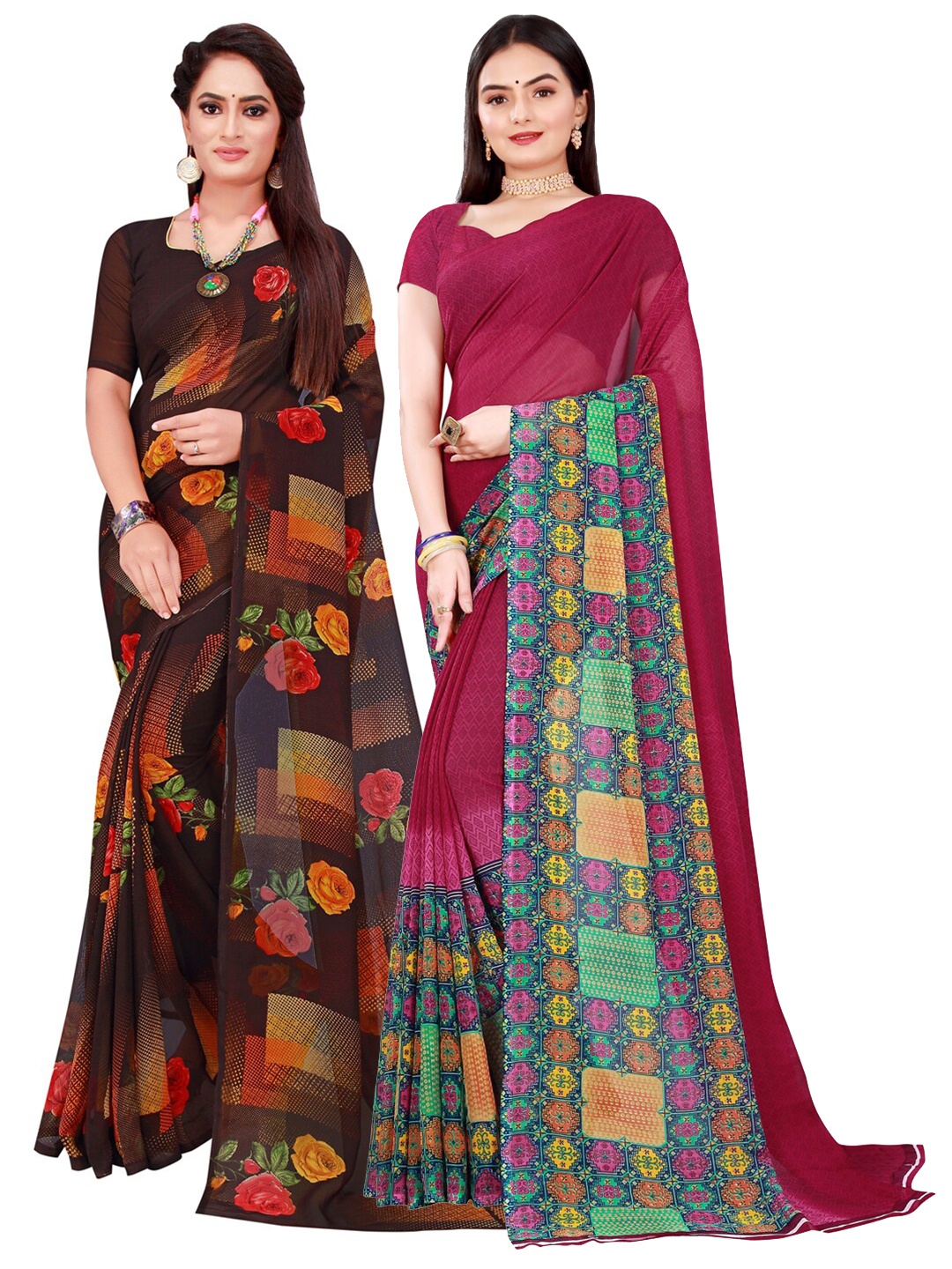 

SAADHVI Set Of 2 Black & Maroon Floral Pure Georgette Saree