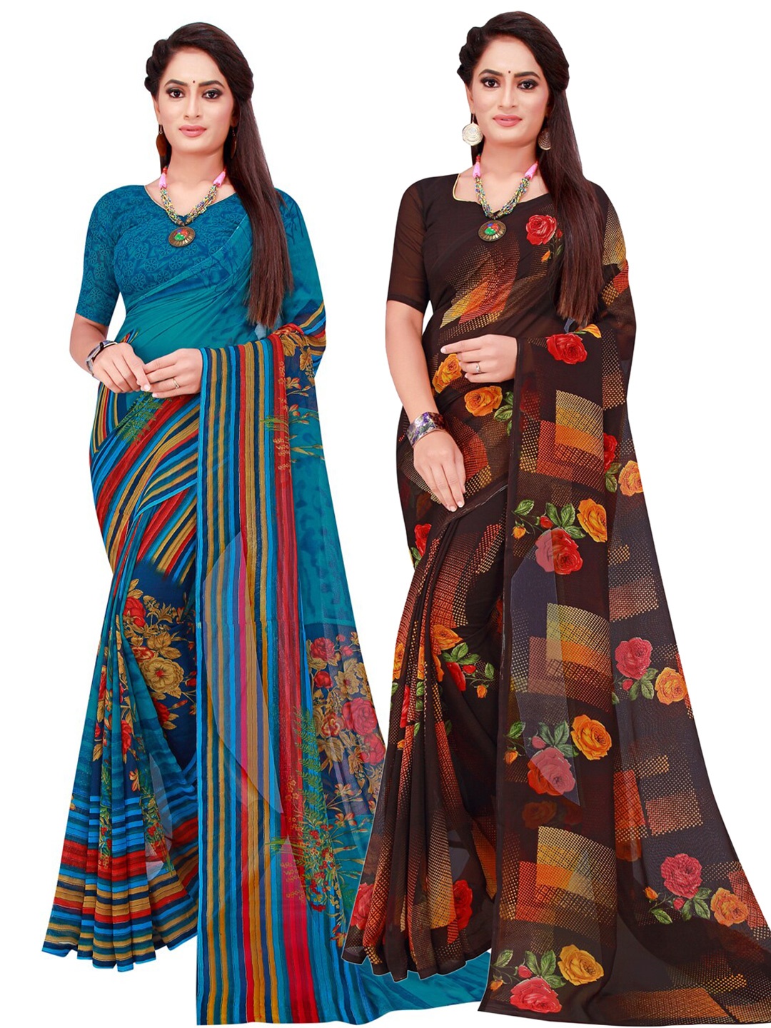 

SAADHVI Black & Blue Set Of 2 Floral Pure Georgette Saree