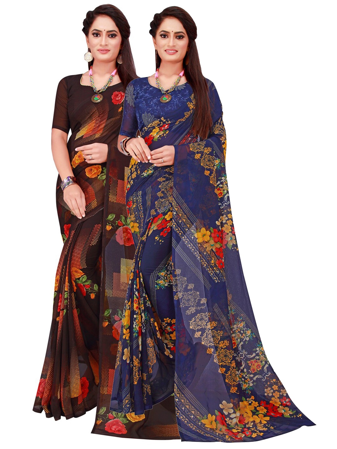 

SAADHVI Pack of 2 Black & Navy Blue Floral Pure Georgette Sarees