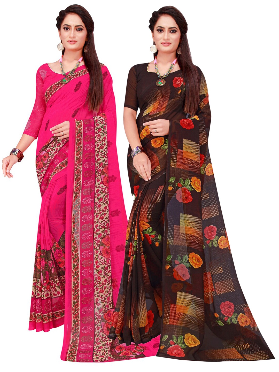 

SAADHVI Pack of 2 Black & Magenta Floral Printed Pure Georgette Saree