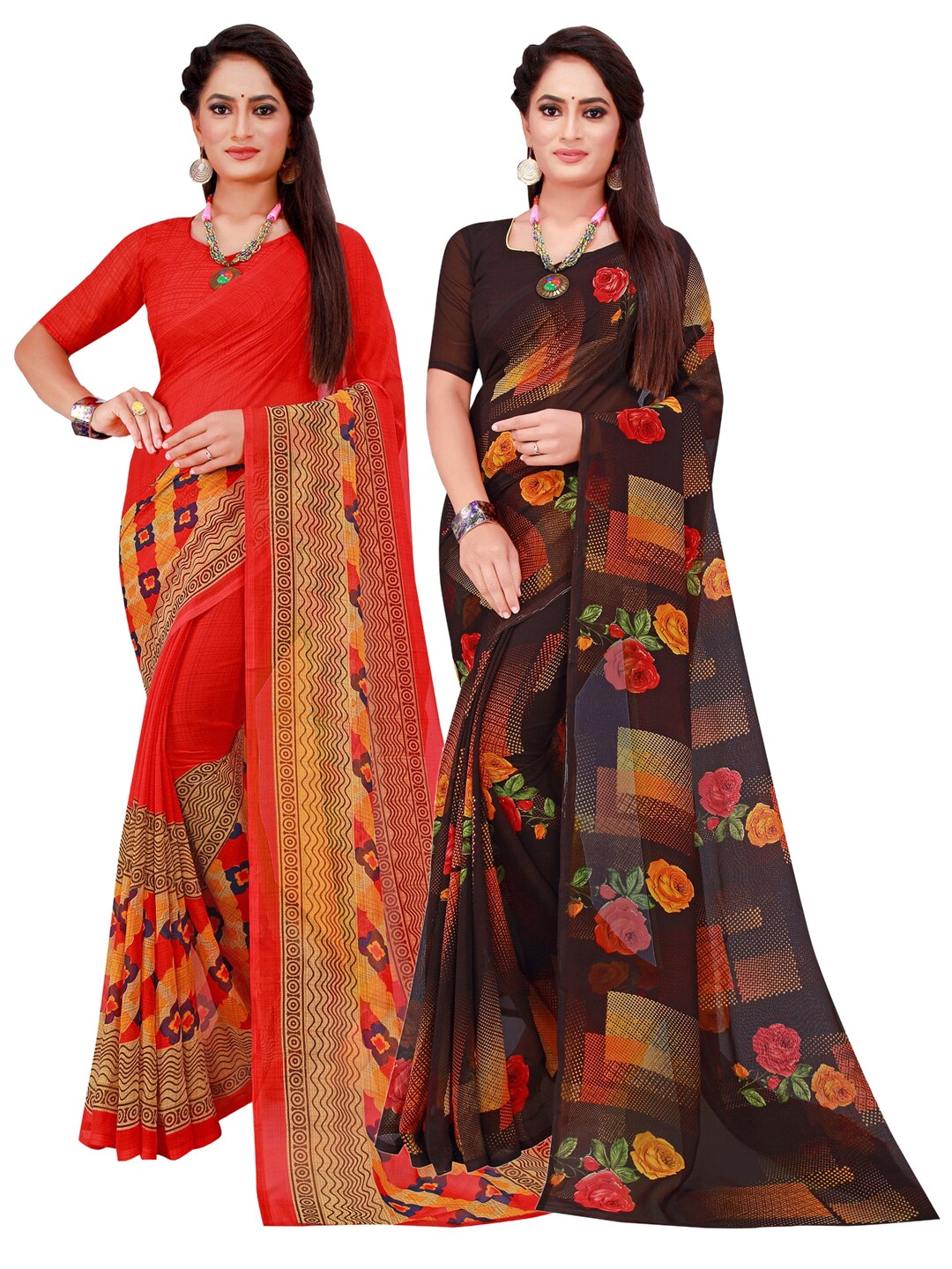 

SAADHVI Pack Of 2 Red & Black Floral Pure Georgette Saree