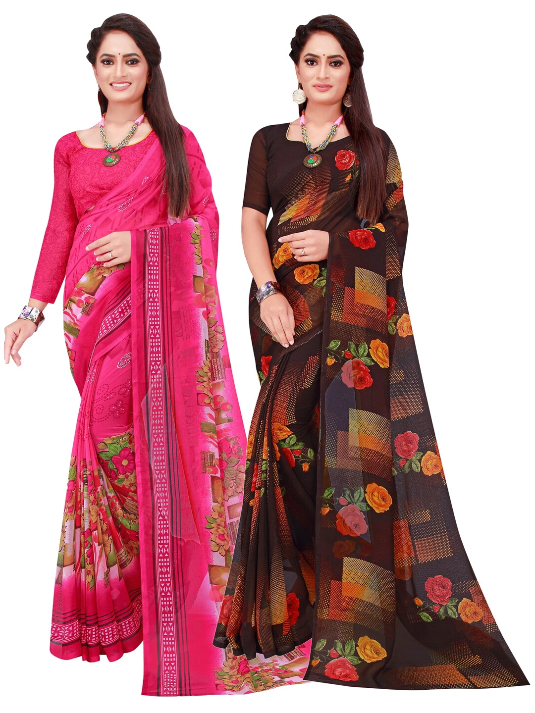 

SAADHVI Set Of 2 Black & Magenta Floral Pure Georgette Saree