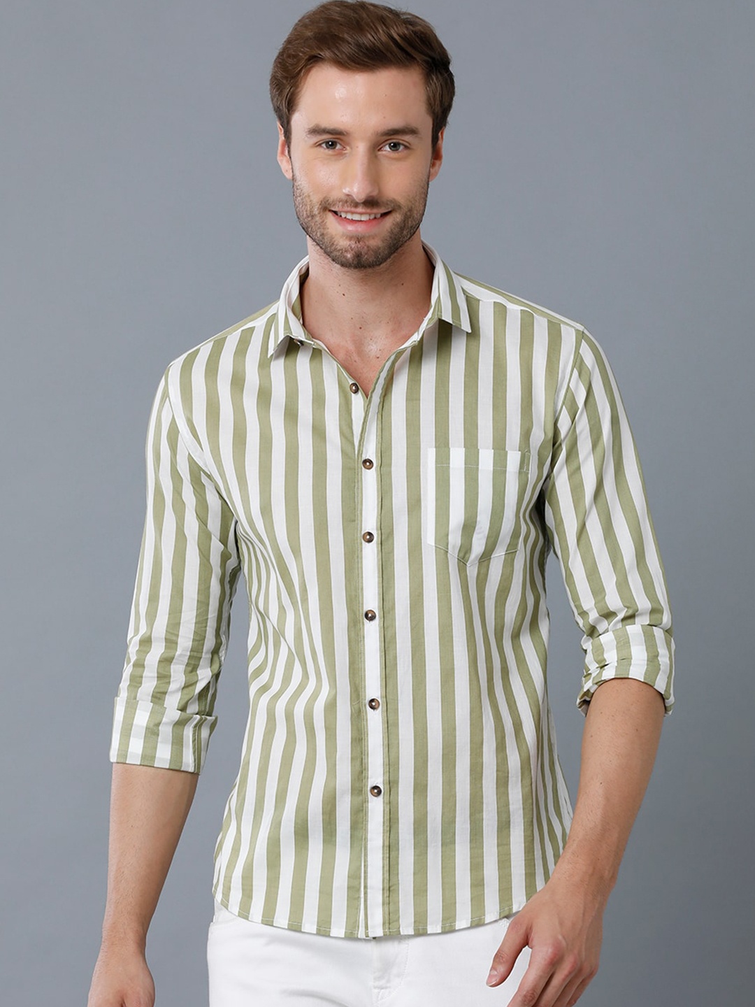 

YOVISH Men Khaki Smart Slim Fit Striped Casual Shirt