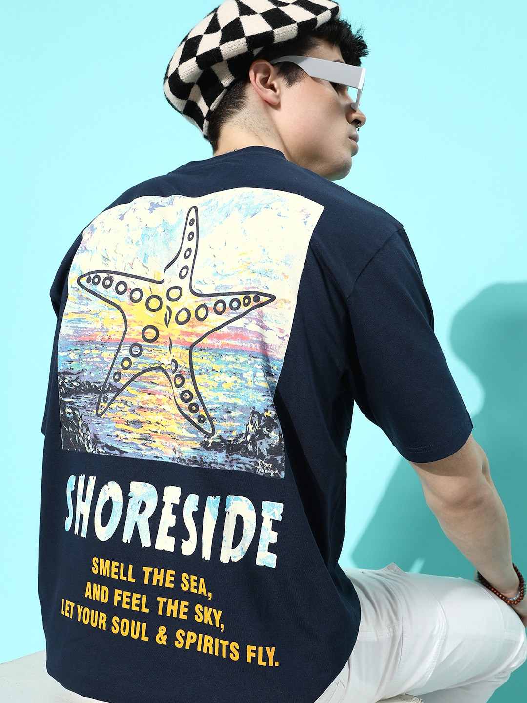 

Difference of Opinion Men Navy Blue Printed Pure Cotton Oversized T-shirt