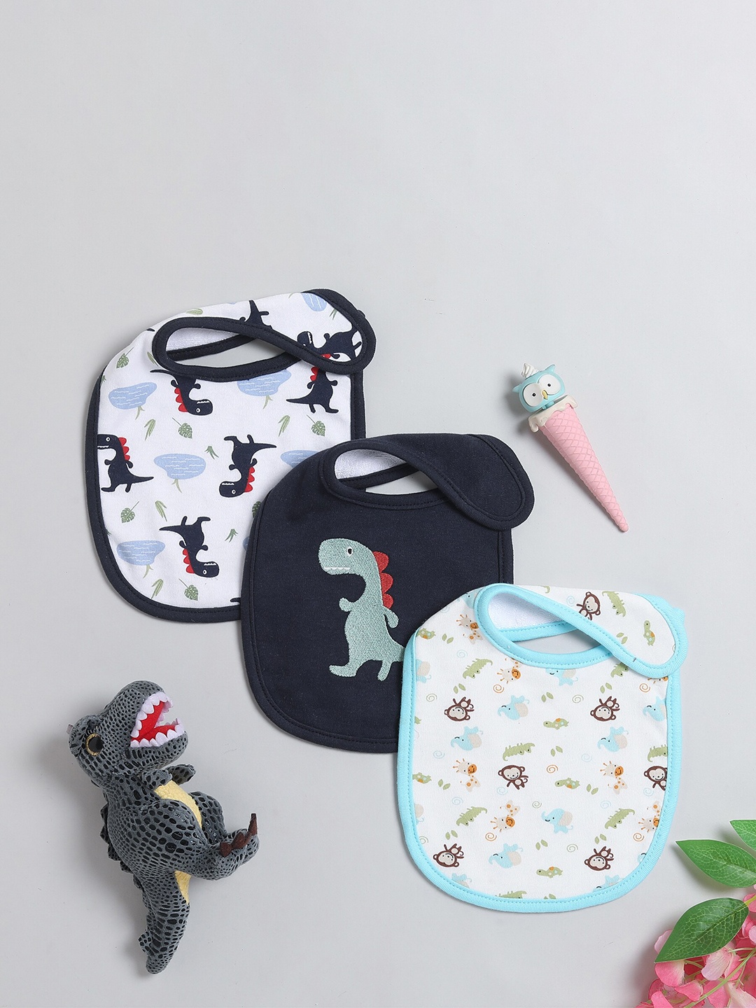 

BUMZEE Boys Pack Of 3 Navy Blue & White Animal Print Bibs
