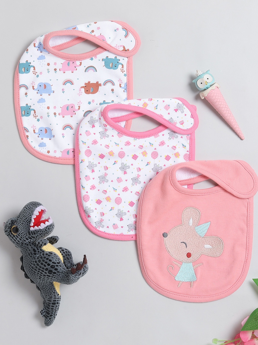 

BUMZEE Infant Girls Pack Of 3 Printed Cotton Bibs, Pink