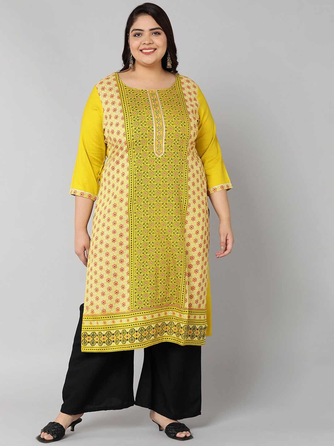 

Bani Women Plus Size Mustard Yellow & Green Floral Printed Liva Kurta
